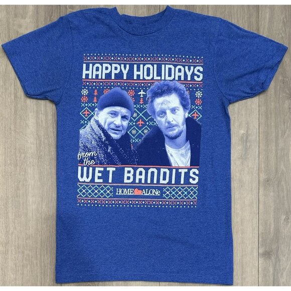 Home Alone Happy Holidays From The Wet Bandits Blue T-Shirt Size Small - Picture 1 of 4